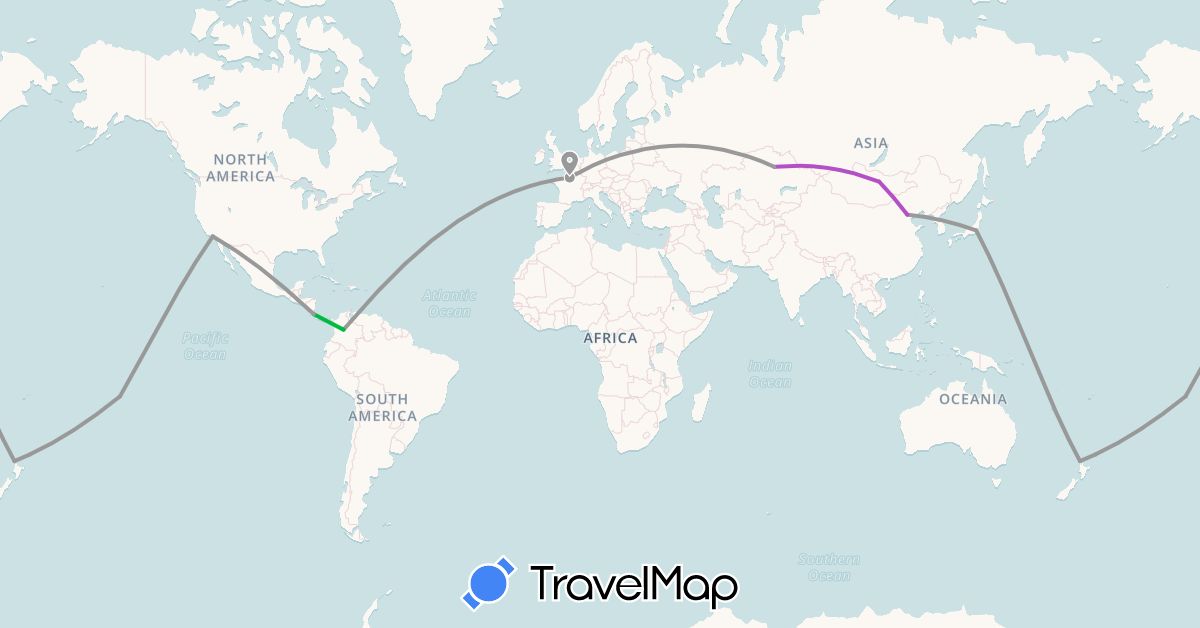 TravelMap itinerary: bus, plane, train in China, Colombia, Costa Rica, France, Kazakhstan, Mongolia, New Zealand, French Polynesia, United States (Asia, Europe, North America, Oceania, South America)